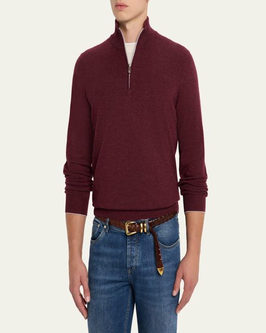Brunello Cucinelli Red Cashmere Quarter-Zip Sweater for men