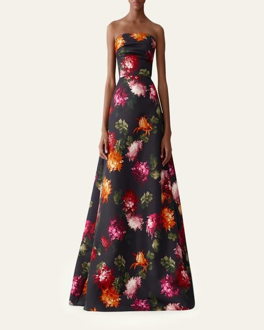 Carolina Herrera Red Floral-Print Strapless A-Line Gown