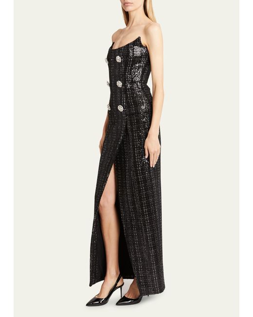 Balmain Black Sequined Strapless Dress With Jewel Double-breast Buttons