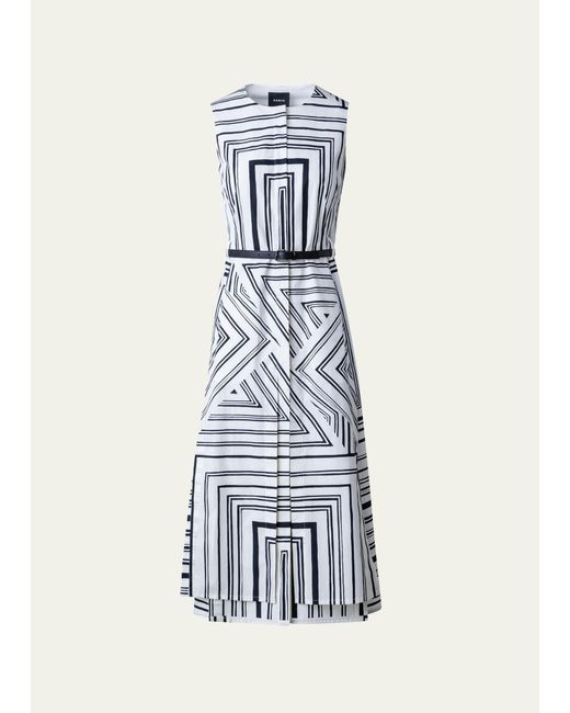 Akris White Poplin Lizzi's Lines Printed Midi Dress With Belt