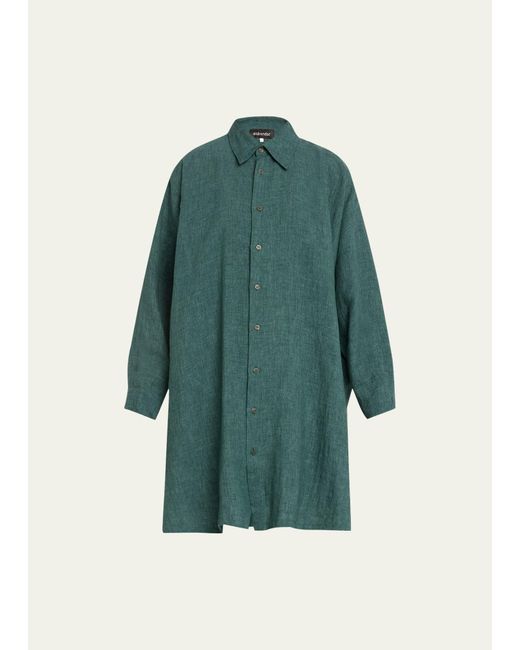 Eskandar Green Wide A-line Linen Shirt With Collar (very Long) With Slits