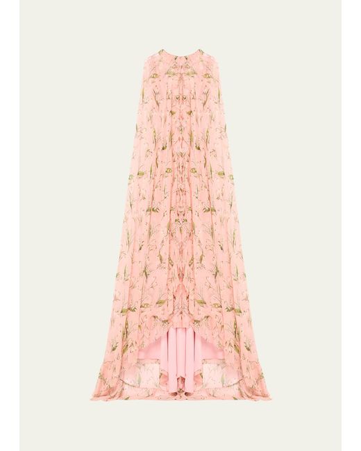 Carolina Herrera Pink Plunging Floral-print Ruffle Cape Gown