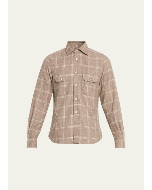 Kiton Natural Cotton Windowpane Double-Pocket Button-Down Shirt for men