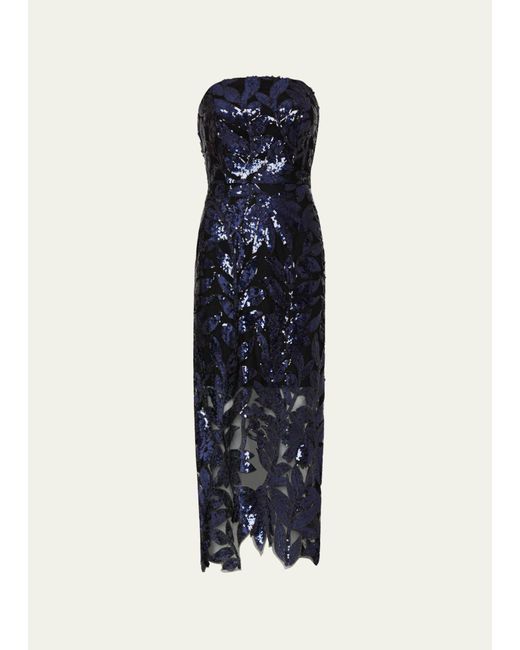 MILLY Blue Olea Floral Sequin Strapless Midi Dress
