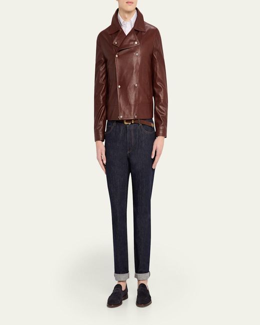 Brunello Cucinelli Brown Double-Breasted Grained Leather Jacket for men
