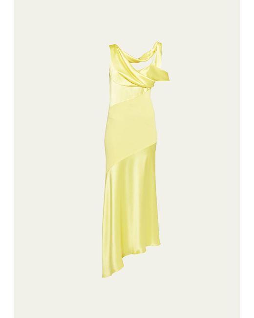 Loewe Yellow One-shoulder Draped Satin Maxi Dress