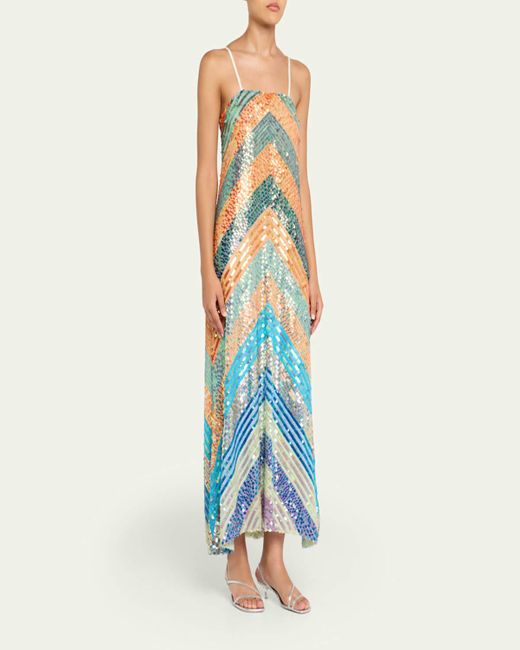 Christopher John Rogers Blue Chevron Sequined Bias Strapless Maxi Dress