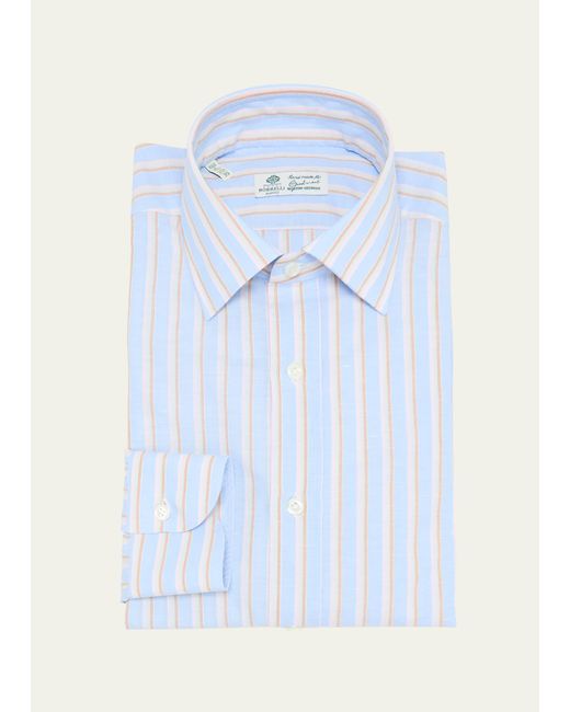 Luigi Borrelli Napoli Blue Cotton And Linen Multi-stripe Dress Shirt for men