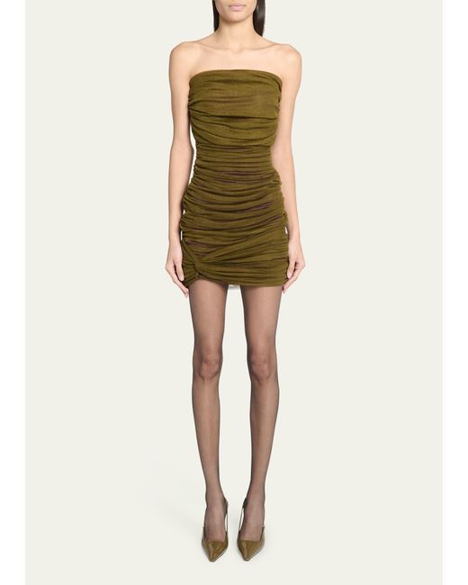 Saint Laurent Green Ruched Strapless Mini Dress
