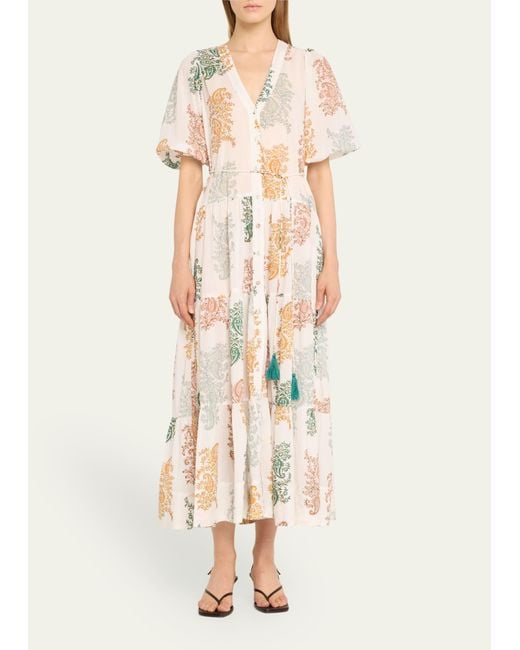 Hannah Artwear Natural Anyeta Paisley Cotton Short-sleeve Tiered Midi Dress