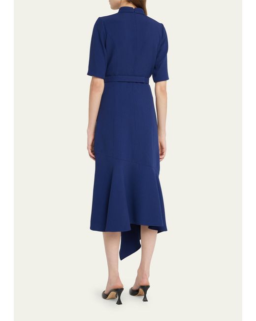 Andrew Gn Blue Asymmetric Midi Dress With Embellished Belted Waist