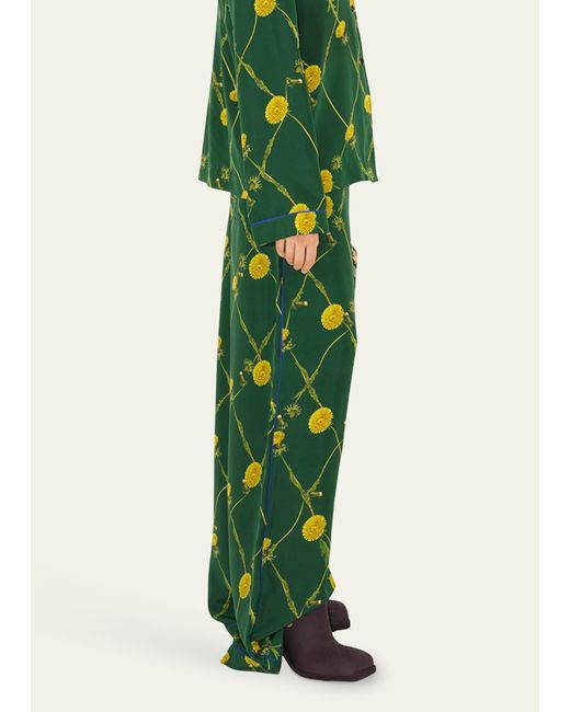 Burberry Green Floral Drawstring Wide-leg Silk Pants