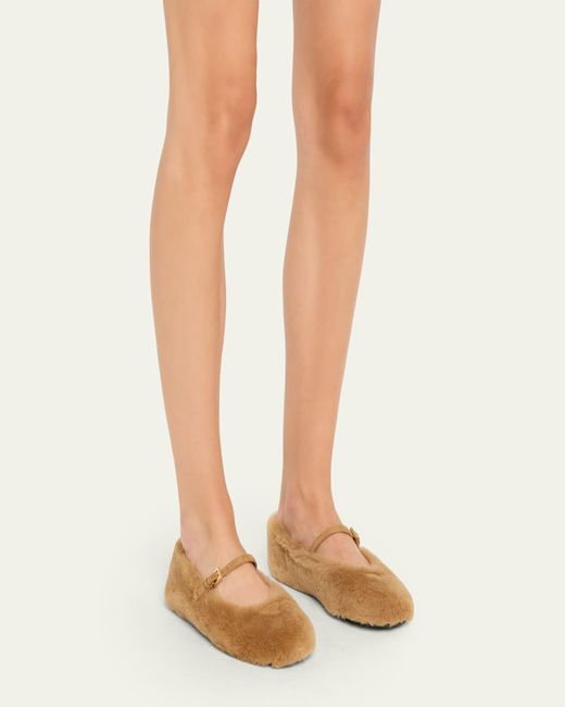 Prada Shearling Mary Jane Ballerina Flats in Natural | Lyst
