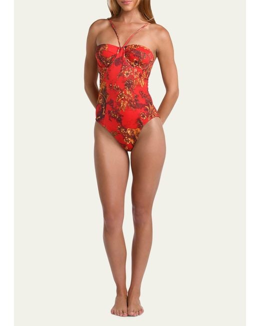 L'Agence Amie Red Jungle Underwire Bandeau One-piece Swimsuit