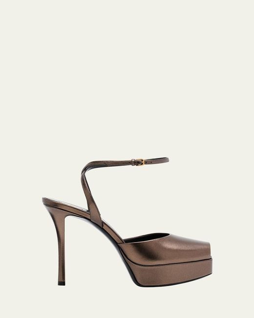 Saint Laurent White La Scandale Metallic Leather Ankle-Strap Sandals