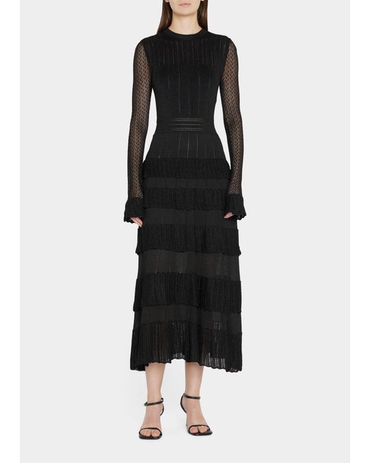 Lela Rose Tiered Ruffle Knit Midi Dress in Black | Lyst