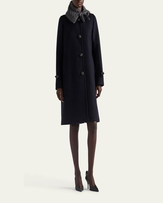 Prada Blue Loden Leather-Button Single-Breasted Wool Coat