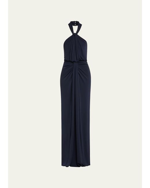 Cinq À Sept Blue Kaily Backless Draped Halter Gown