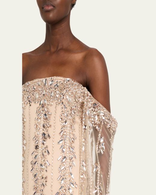 Pamella Roland White Crystal Tulle Strapless Gown With Detachable Cape