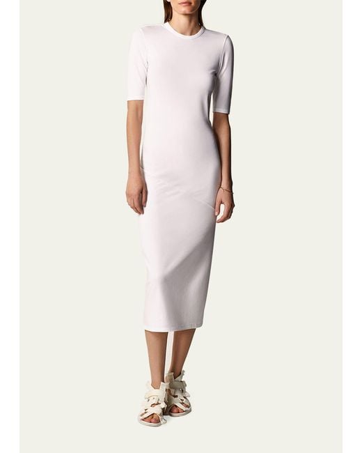 Another Tomorrow White Fitted Midi Dress W/ Elbow Sleeves