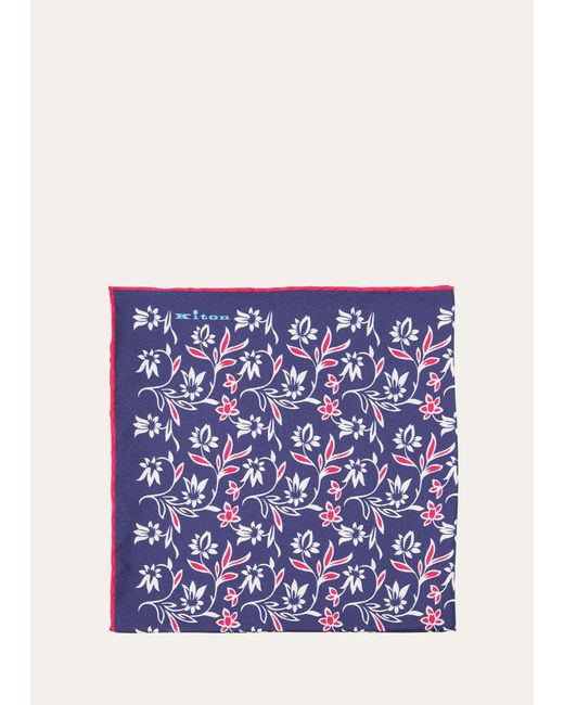 Kiton Blue Silk Floral Pocket Square for men