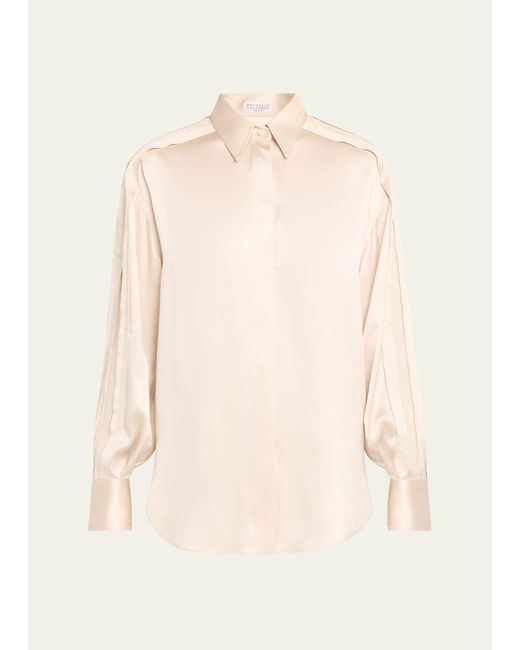 Brunello Cucinelli Natural Satin Tunic Button-front Shirt With Sequin Detail
