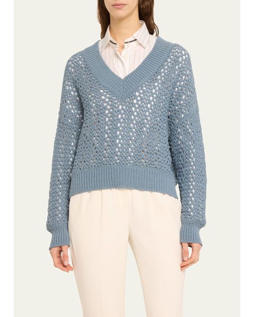 Brunello Cucinelli Blue Cotton Open-work Knit Sweater