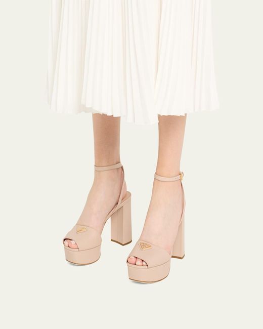 Prada Natural Nappa Triangle Peep-Toe Platform Sandals