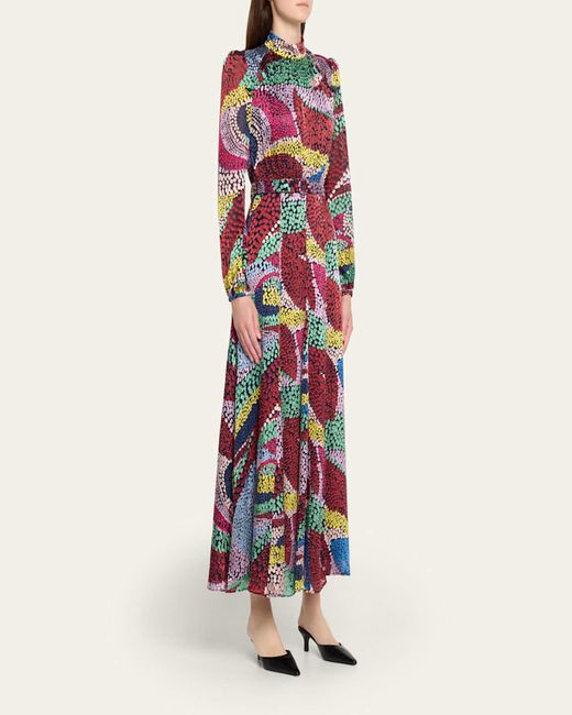 Saloni Purple Jacqui-B Belted Floral Silk Midi Dress