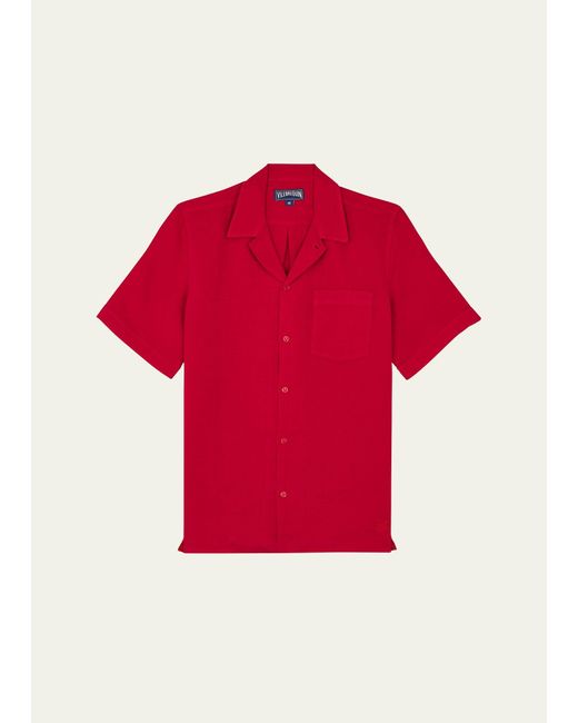 Vilebrequin Red Garment-dyed Linen Camp Shirt for men