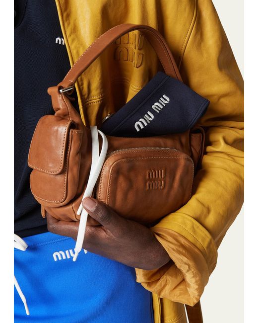 Miu Miu Brown Pocket Washed Leather Shoulder Bag
