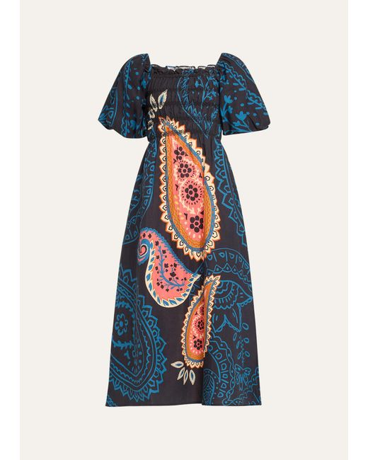 VERANDAH Blue Paisley Printed Smocked Maxi Dress