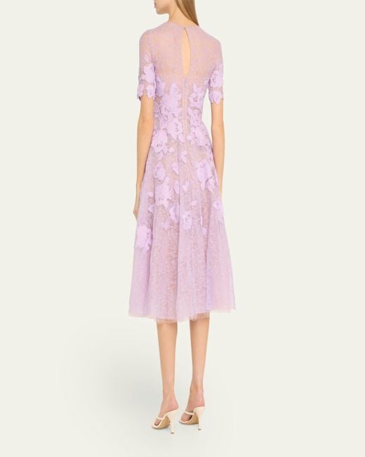 Oscar de la Renta Pink Roses Guipure Lace Applique Fit-Flare Midi Dress