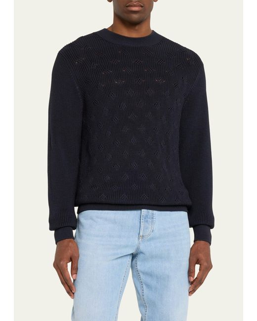 FIORONI CASHMERE Blue Cotton-silk Cable Knit Crewneck Sweater for men