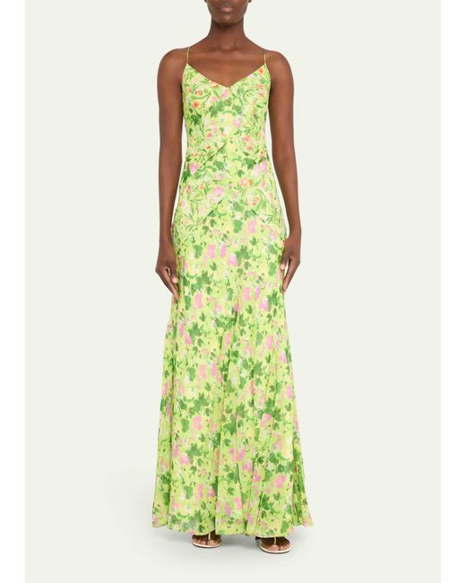 Saloni Green Cameron Crisscross-back Floral Silk Midi Dress