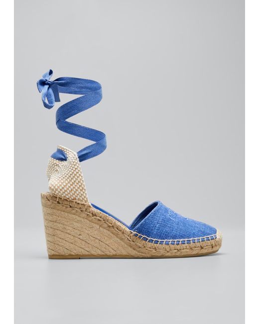 Prada Linen Logo Wedge Ankle-wrap Espadrilles in Blue | Lyst