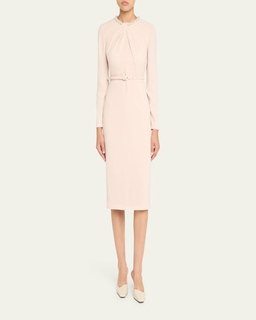Roland Mouret Natural Beaded Twist Long-Sleeve Light Cady Midi Dress