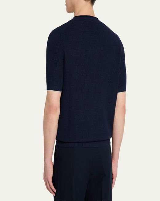 Brunello Cucinelli Blue Ribbed Linen And Cotton Short-Sleeve Crewneck Sweater for men