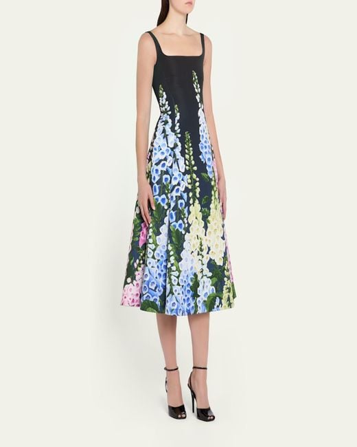 Oscar de la Renta Blue Multi Foxglove Degrade Printed Faille Midi Cocktail Dress