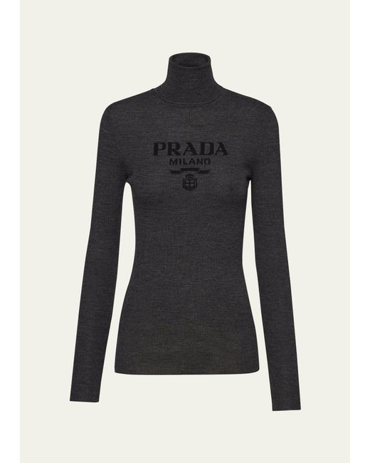 Prada Black Intarsia Logo Wool Turtleneck Sweater