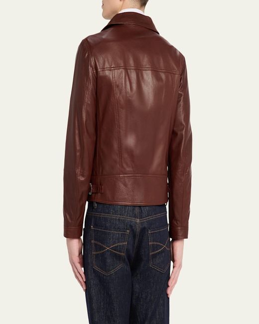 Brunello Cucinelli Brown Double-Breasted Grained Leather Jacket for men