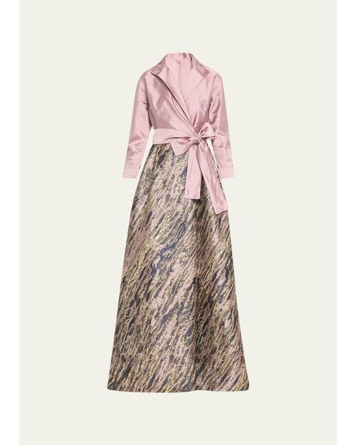 Teri Jon Pink A-line Taffeta & Metallic Jacquard Shirt Gown