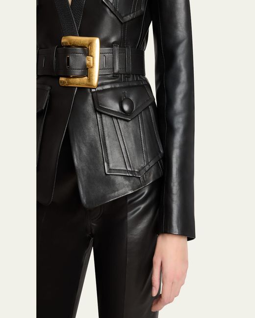 Balmain Black Belted Leather Fitted Jacket