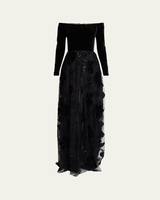 Elie Saab Black Off-The-Shoulder Velvet Sequined Tulle Gown