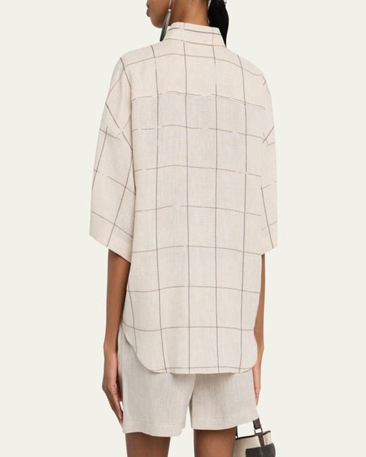 Brunello Cucinelli Natural Paillette Check Light Linen Button-Down Shirt