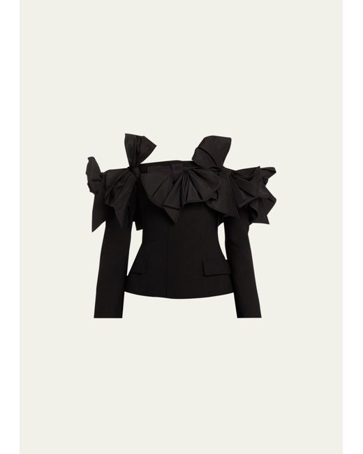Oscar de la Renta Black Faille Bow Off-the-shoulder Tailored Jacket