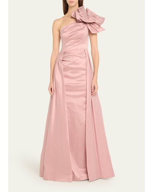 Teri Jon Pink One-shoulder Bow-front Pleated Taffeta Gown