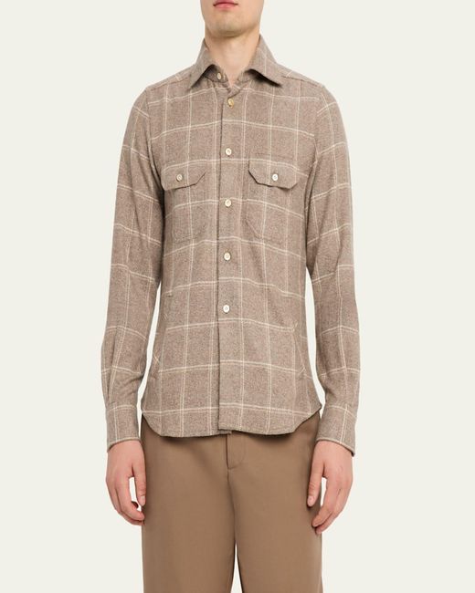 Kiton Natural Cotton Windowpane Double-Pocket Button-Down Shirt for men