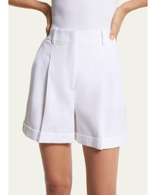 Michael Kors Pleated Cuffed Linen Shorts in White Lyst