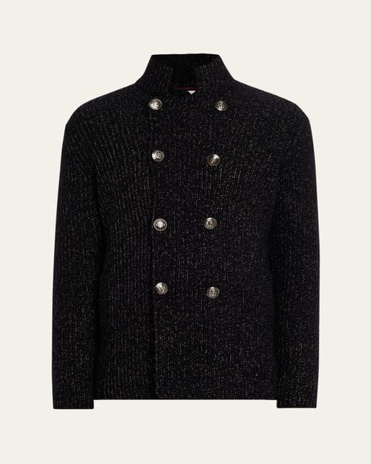 Brunello Cucinelli Black Wool, Silk, And Cashmere Double-Breasted Cardigan for men